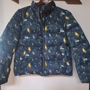 Ochirly Womens Navy Animal Forest Print Puffer Jacket Zip Whimsical Size S